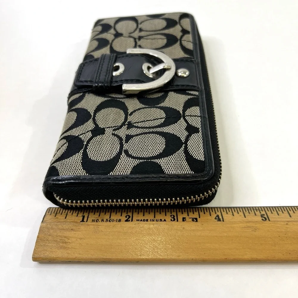 Vtg Coach Zip Around Accordion Wallet Black Signature Canvas Leather Buckle 8x4